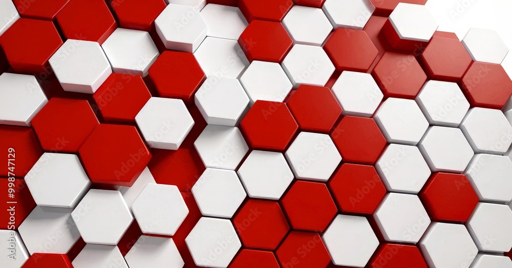 Poster A repeating pattern of red and white hexagonal shapes, arranged in a grid-like fashion, creates a visually striking and geometric composition