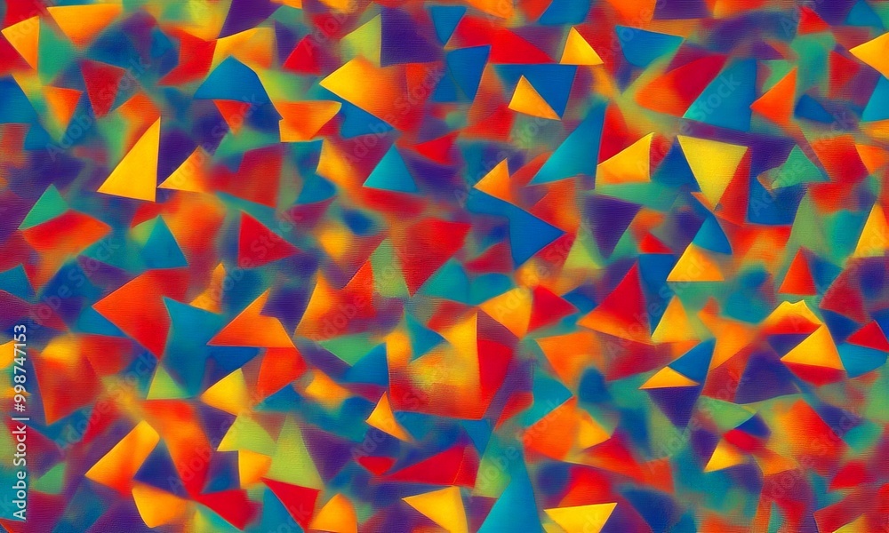 Poster a vibrant abstract pattern composed of numerous overlapping triangles in a variety of colors, including shades of red, orange, yellow, green, blue, and purple The