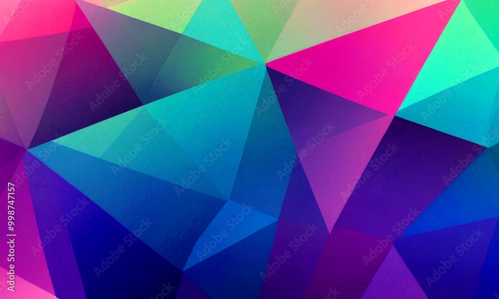 Poster a vibrant abstract pattern composed of overlapping triangular shapes in various shades of pink, blue, green, and purple
