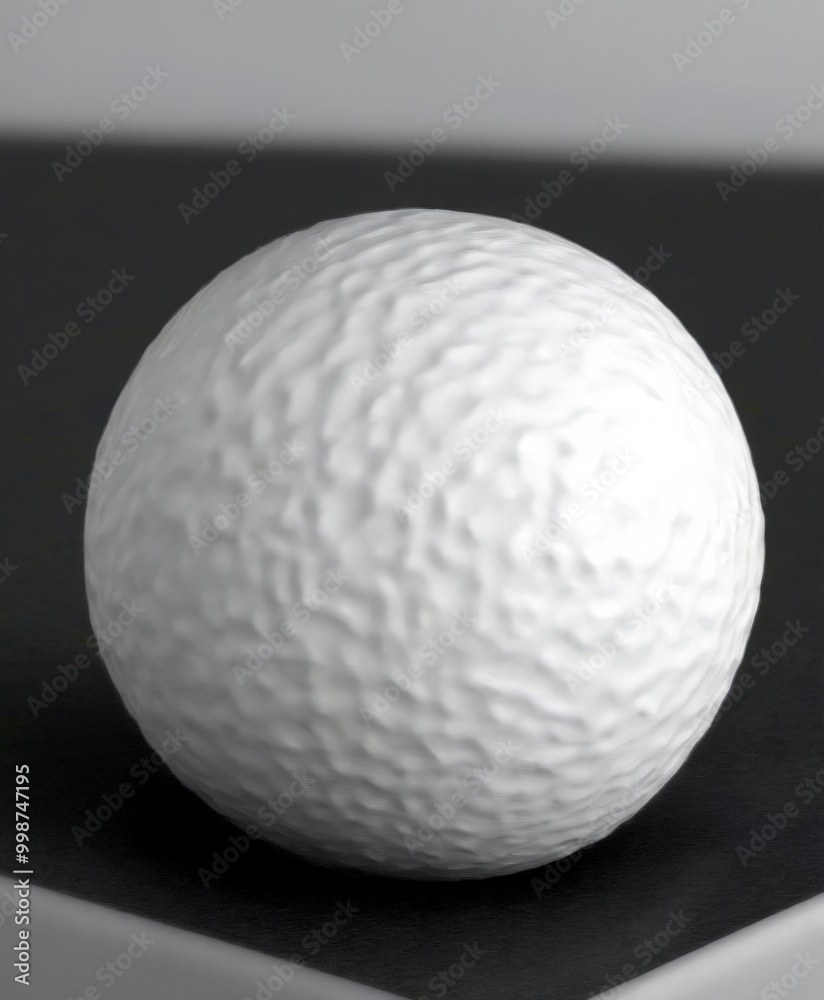 Poster a close-up white sphere with a textured surface, resting on a dark surface