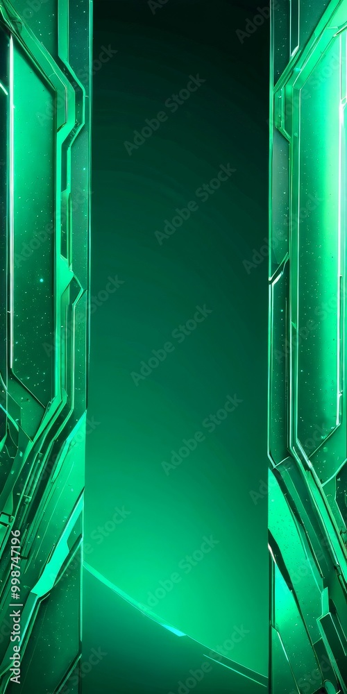 Poster a dark green background with a vertical line running through the center, flanked by two vertical lines on either side The overall composition suggests a futuristic