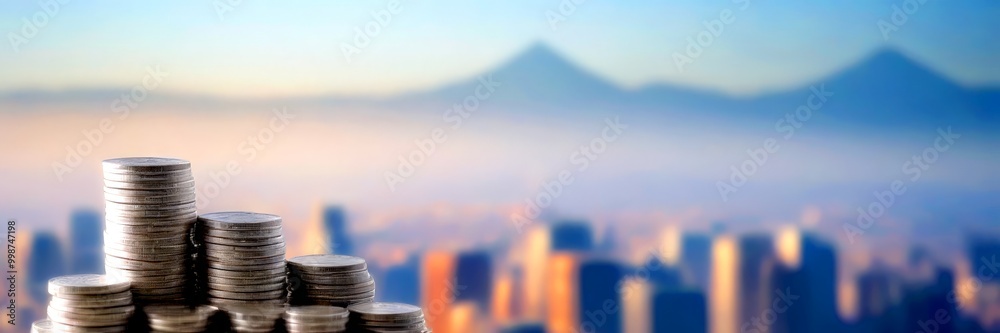 Poster stacks of silver coins in the foreground, with a blurred cityscape and mountains in the background.