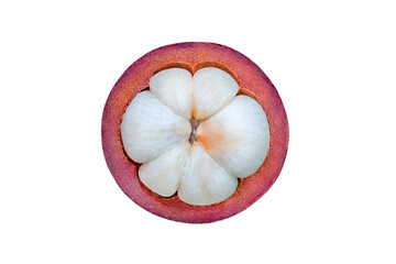 one mangosteen cut, isolated on white background with clipping path