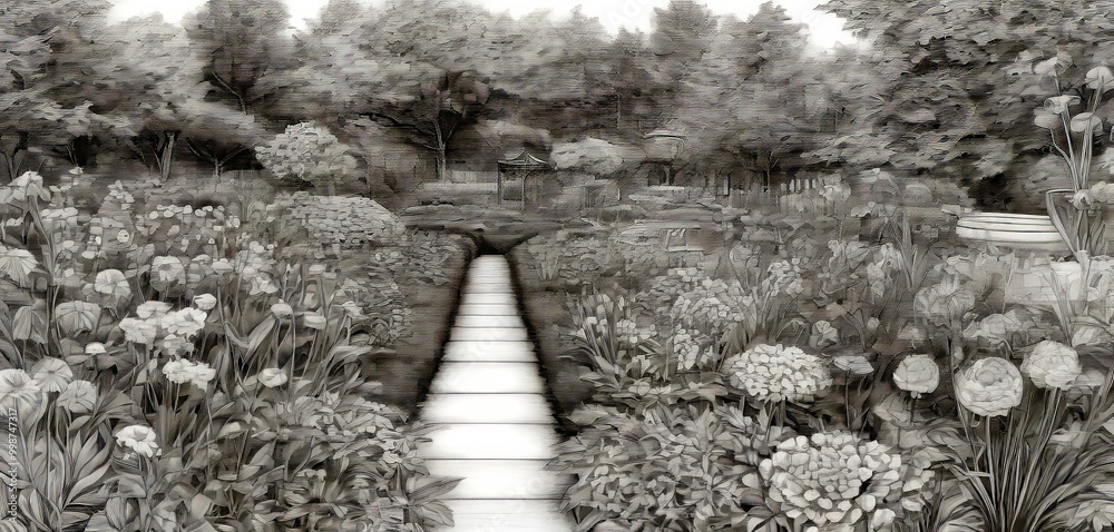 Poster a monochrome pencil drawing depicts a serene garden scene, featuring a winding path flanked by an ar