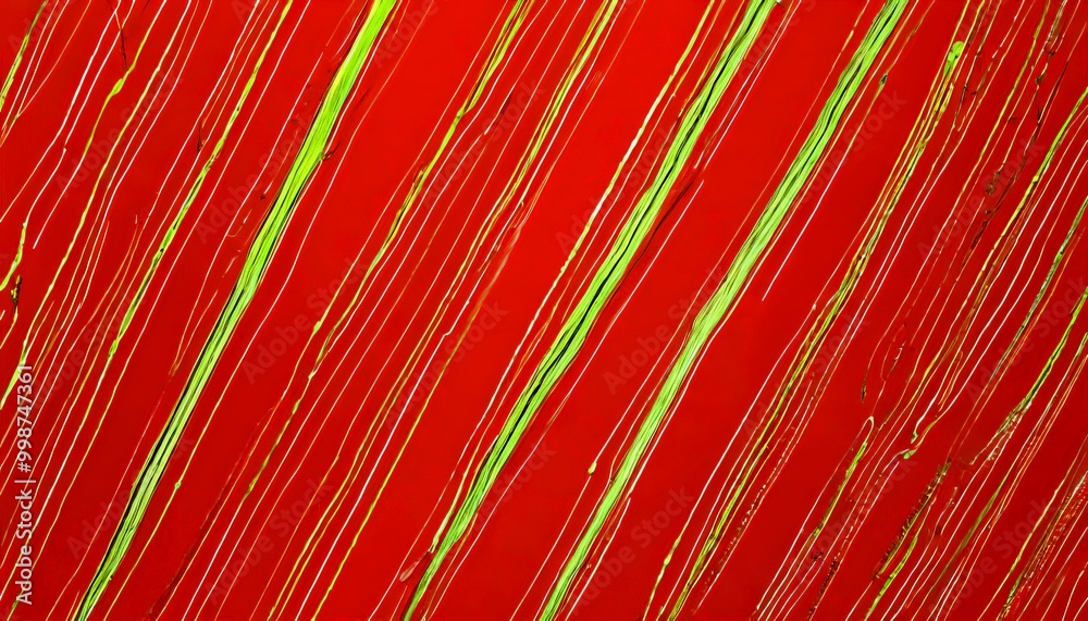 Aufkleber a close-up view red surface with diagonal lines of green and yellow paint, creating a textured and abstract pattern