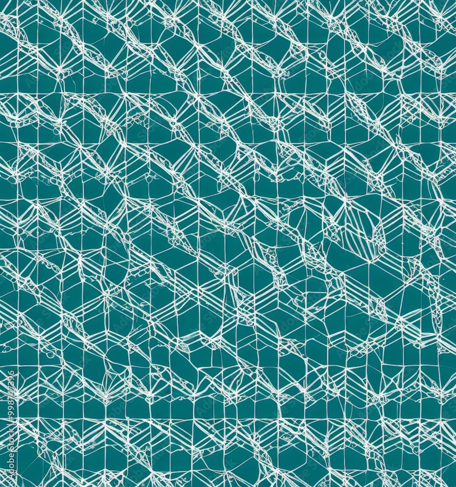Poster a repeating pattern of intersecting white lines and squares on a teal background, creating a visually striking and abstract design