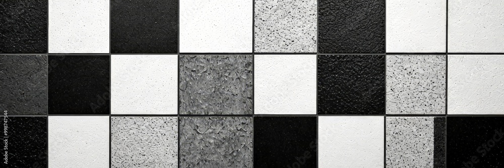 Poster A close-up black and white checkered pattern, composed of square tiles with varying textures and colors