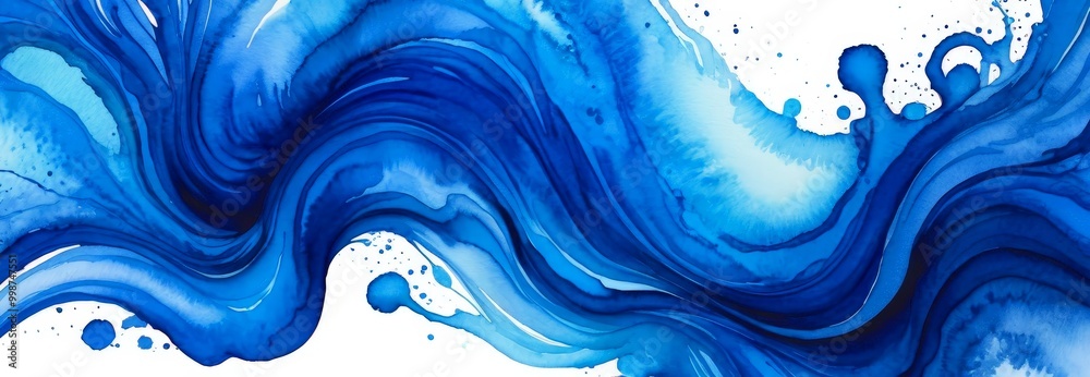 Poster an abstract painting featuring a swirling pattern of blue and white hues, with splashes of color and