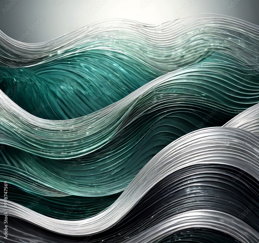 Leinwandbilder a digital art piece with a wave-like pattern composed of green and silver metallic lines, creating a