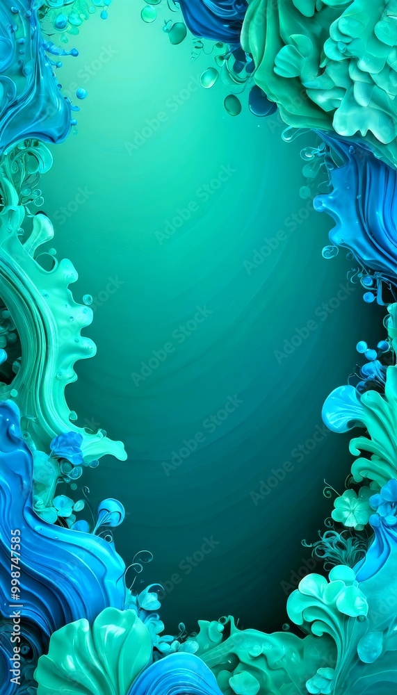 Poster a vibrant, abstract underwater scene with swirling, fluid shapes in shades of blue and green, creati