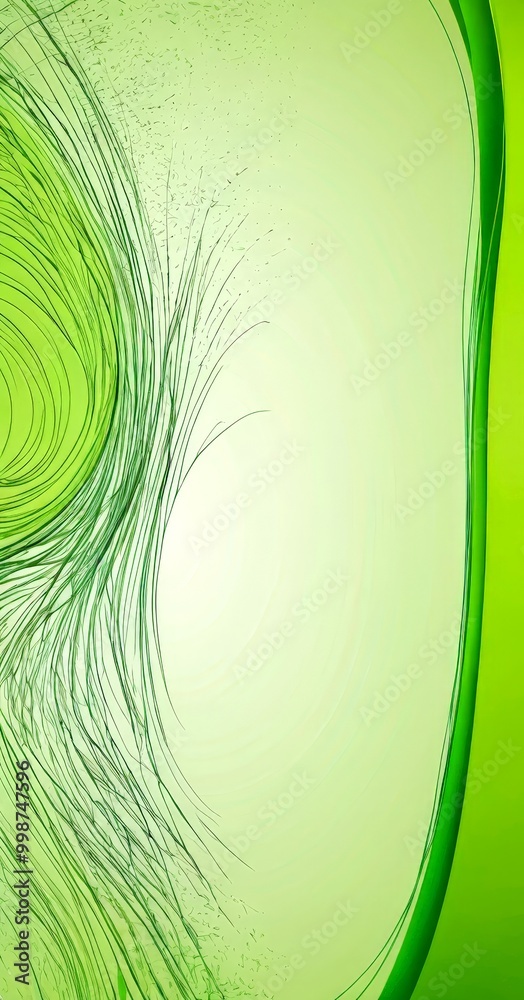 Poster a vibrant abstract composition with a green background and a curved, green line on the right side The left side is filled with a series of thin, black lines that appear to be