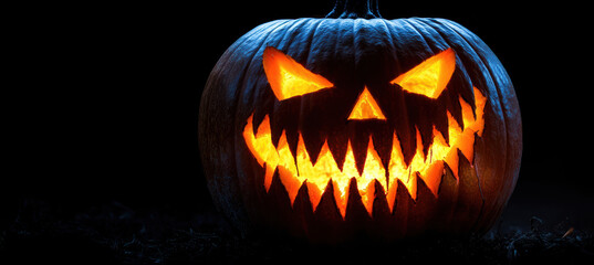Naklejka premium Creepy glowing jack-o'-lantern in black
