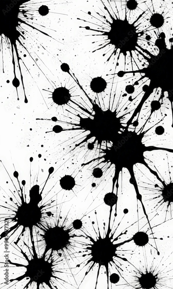 Poster a striking black and white abstract composition of splattered ink or paint droplets, creating a dynamic and textured visual effect