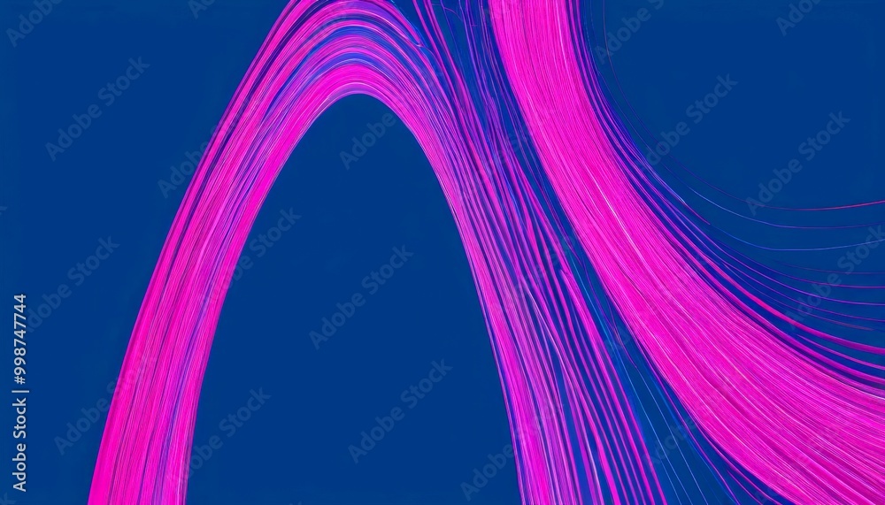 Poster a striking abstract composition of curved lines in shades of pink and blue, set against a deep blue 