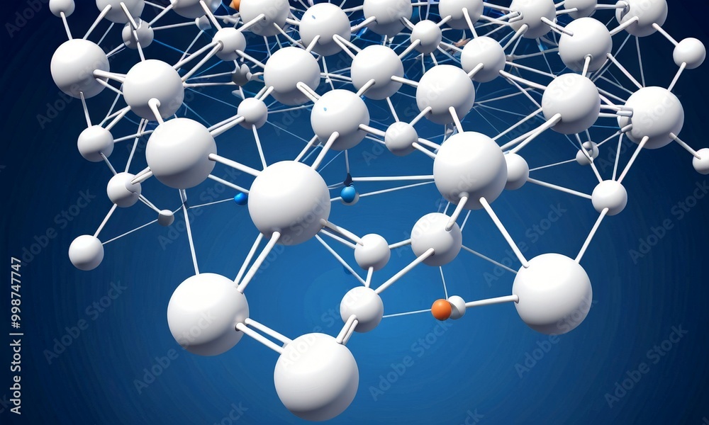 Poster a complex molecular structure, composed of numerous white spheres connected by thin blue and orange 