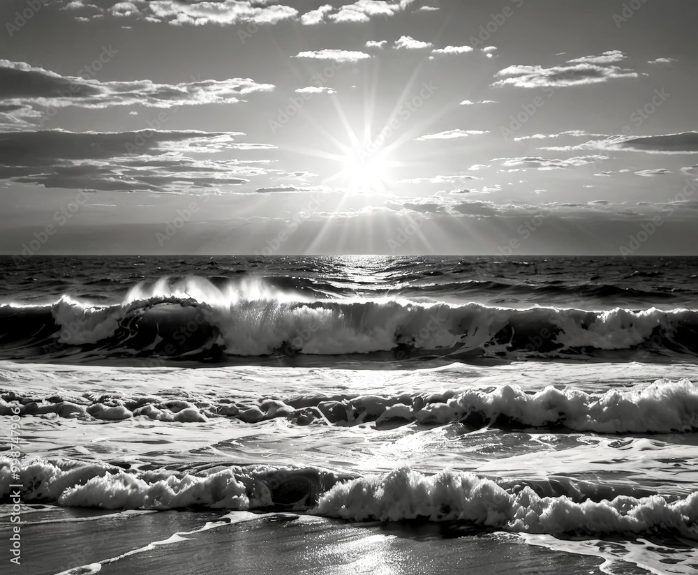 Poster a dramatic black and white photograph serene ocean scene, featuring a large wave crashing onto the s