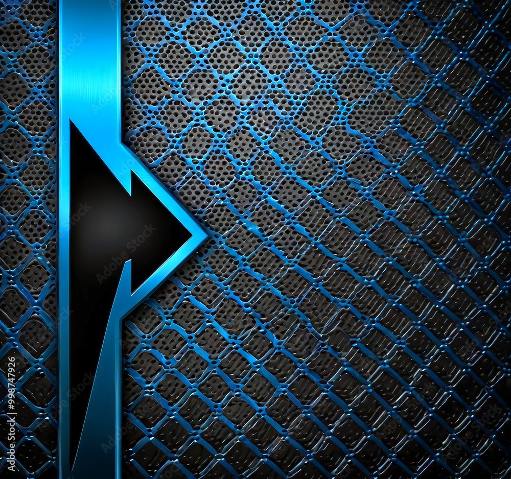 Poster a striking blue and black abstract background with a perforated metal mesh pattern and a black arrow pointing to the right