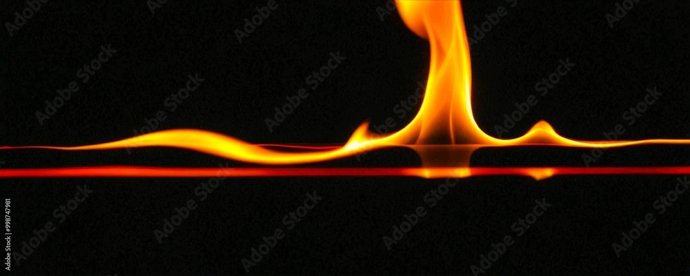 Poster a close-up view vibrant orange flame, with a reflection on a dark surface, creating a dynamic and ca