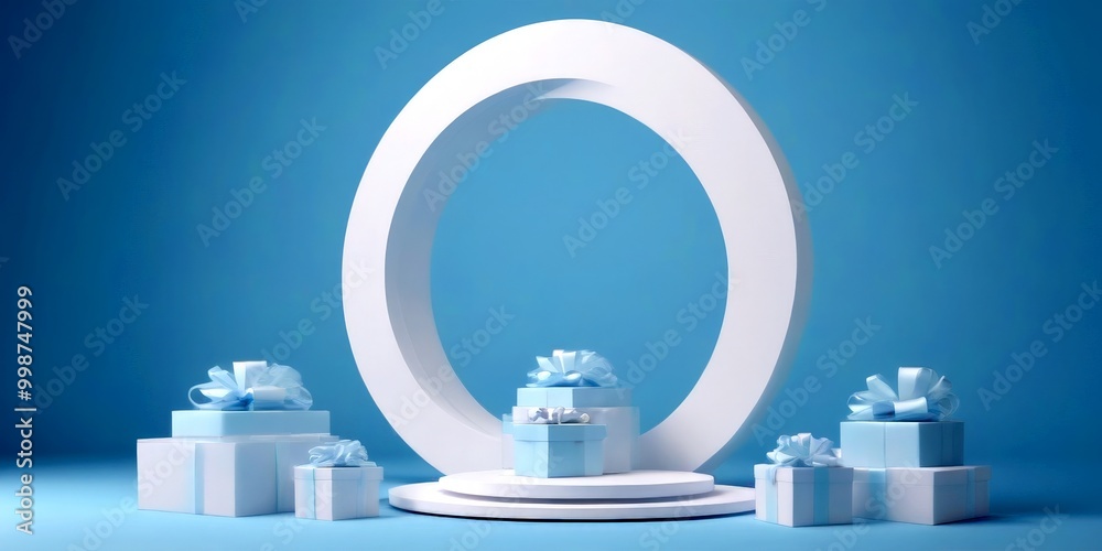Poster a white oval-shaped pedestal with a bow on top, surrounded by a stack of gift boxes in various shade