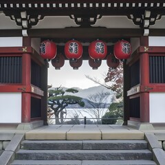 traditional Japanese temple gate with red lanterns hanging above. ,generative ai 