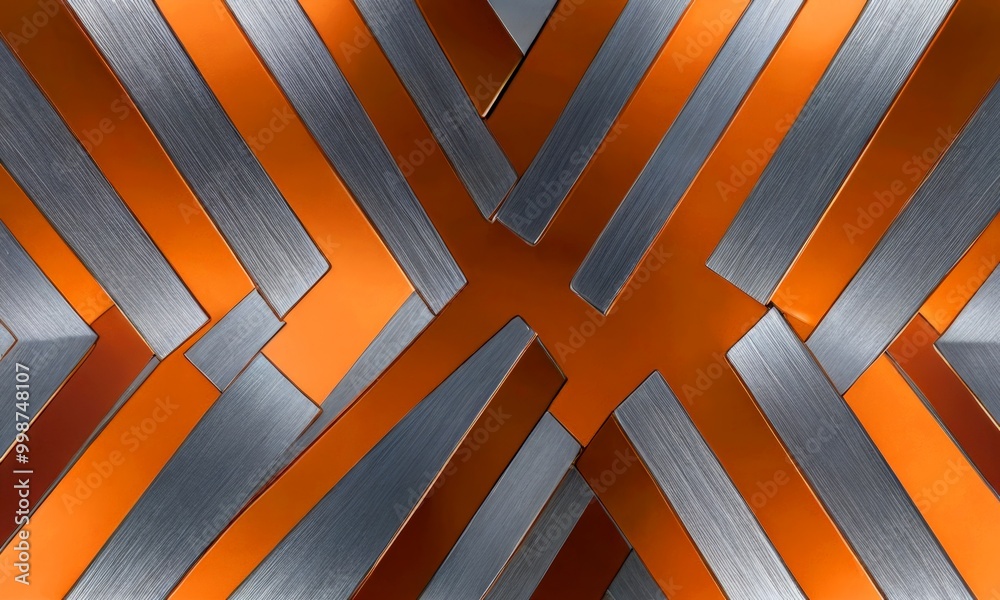 Poster a geometric pattern composed of intersecting metallic strips in shades of orange and gray, creating a visually striking and abstract design