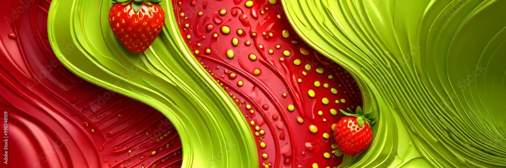 Poster a vibrant abstract composition with two strawberries, one red and one green, set against a backdrop of red and green swirls and splashes of color