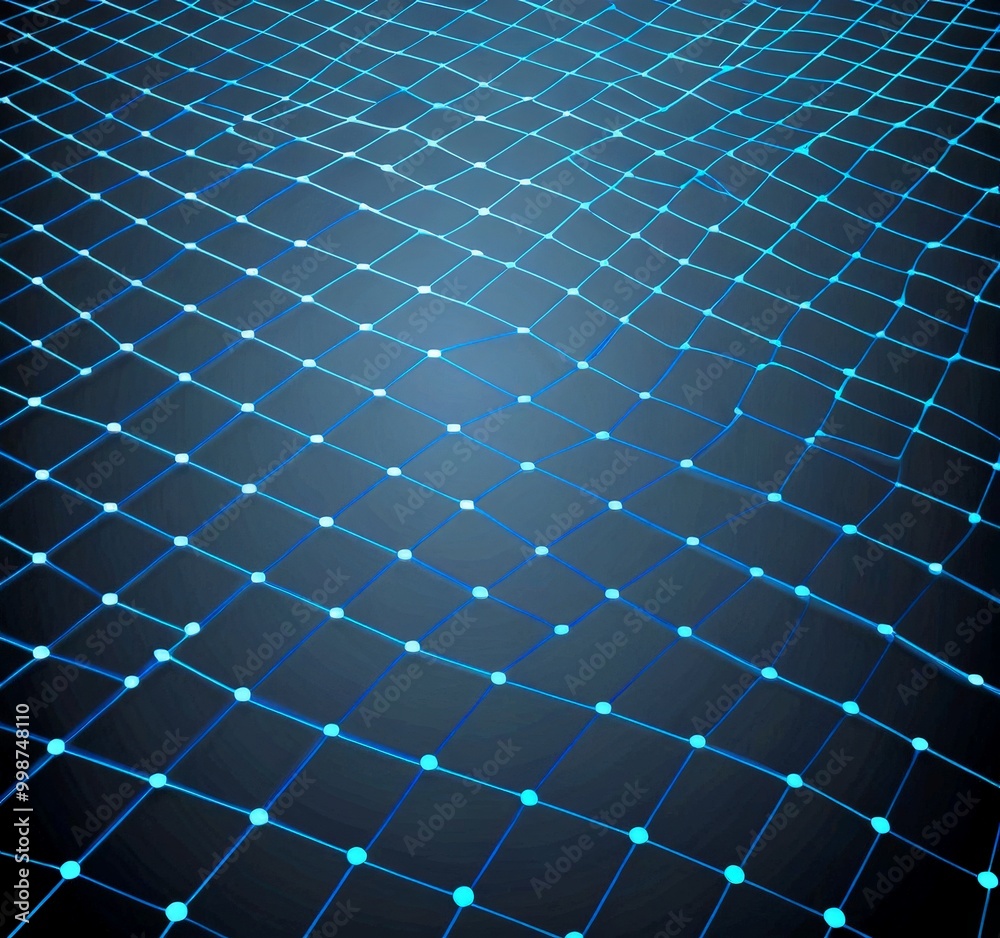 Poster a digital illustration grid-like pattern of interconnected lines and dots, creating a sense of depth and dimensionality The background is a gradient