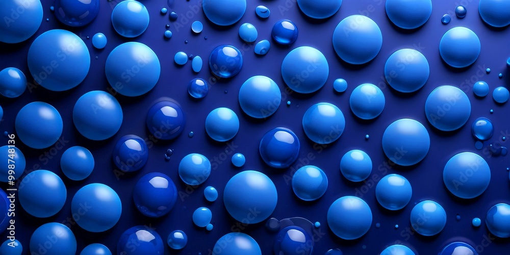 Poster A collection of blue spheres, varying in size and shape, are scattered across a dark blue background, creating a visually striking and abstract composition