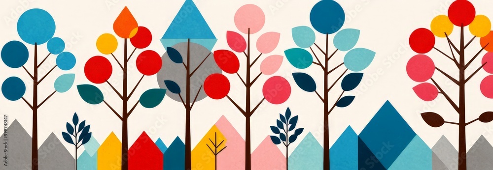 Aufkleber a stylized forest scene with trees and mountains, in a geometric style with a variety of colors and 