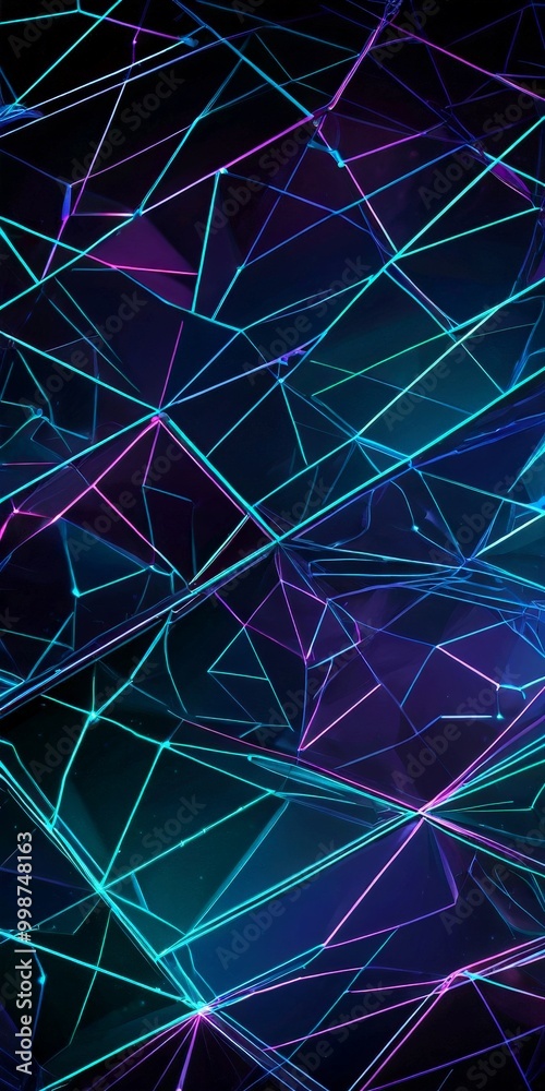 Poster a complex, abstract pattern of intersecting lines and points in shades of blue, purple, and black, creating a visually striking and dynamic composition