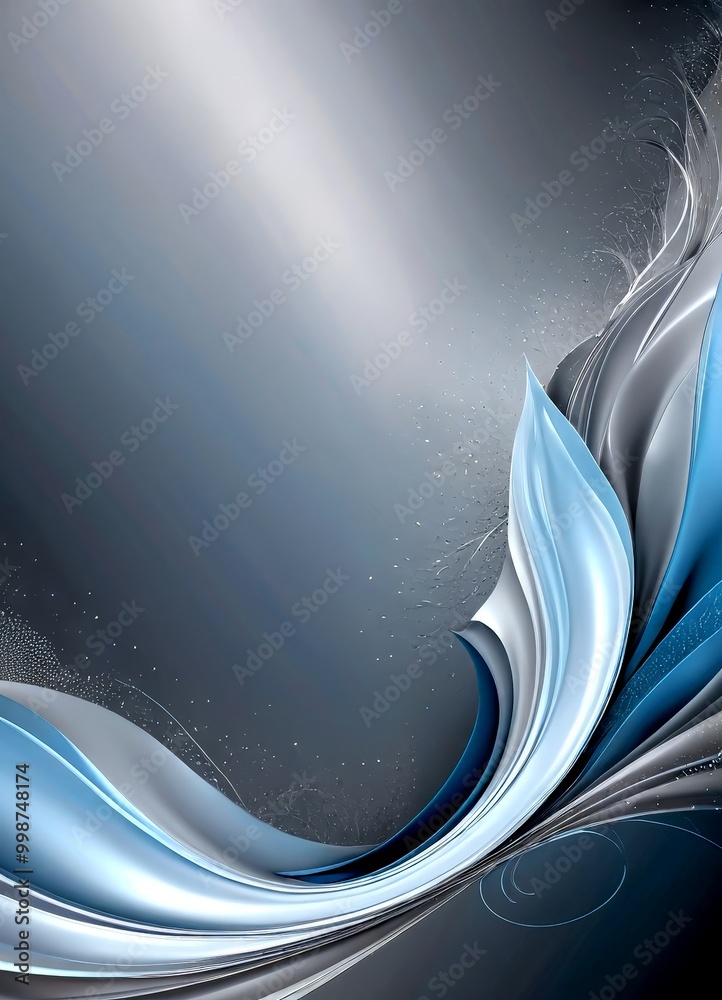 Aufkleber a dynamic abstract composition with a gradient of blue and gray tones, accented by white and silver elements The central focus is a wave-like shape, transitioning from a