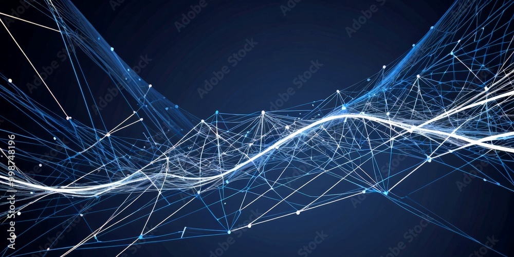 Poster a digital illustration network of interconnected lines and dots, resembling a complex web or a network of interconnected nodes The lines and dots
