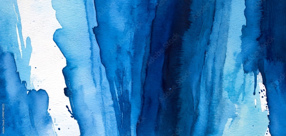 Poster a close-up view watercolor painting with vertical blue strokes, creating a sense of depth and movement