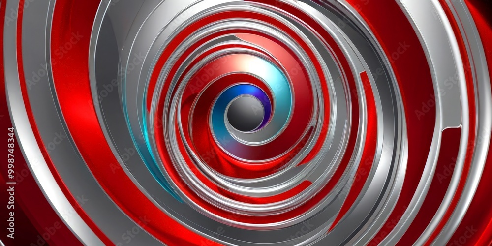 Poster a spiral pattern composed of red, silver, and blue concentric circles, creating a visually striking and abstract design
