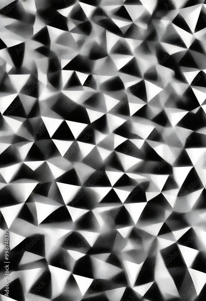 Poster a black and white abstract pattern composed of numerous small triangles arranged in a random, overlapping manner, creating a visually striking and dynamic composition