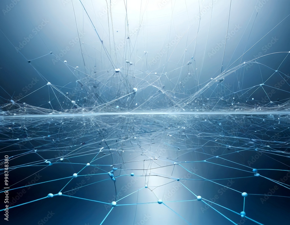 Poster a digital illustration network of interconnected lines and nodes, creating a sense of depth and complexity The background is a gradient of blue and