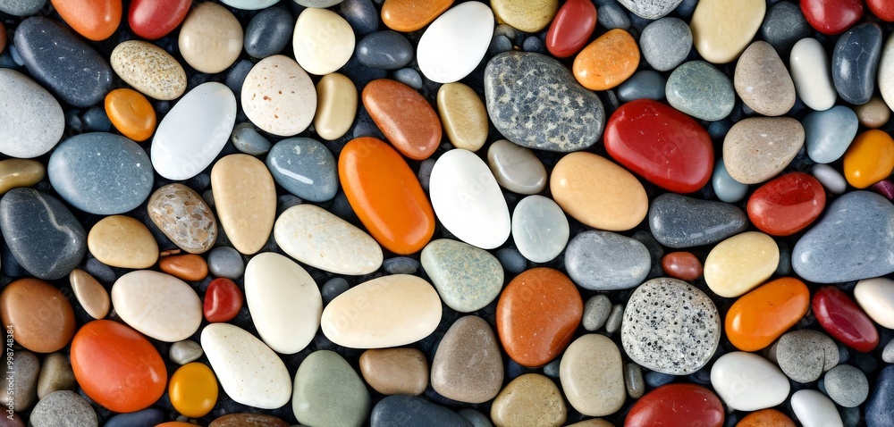 Poster a close-up view collection of variously colored pebbles and stones, arranged in a visually appealing