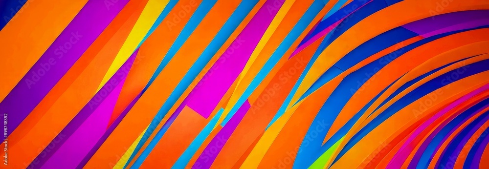Poster a vibrant abstract composition of intersecting diagonal lines in various shades of orange, pink, blue, and purple, creating a dynamic and visually striking pattern