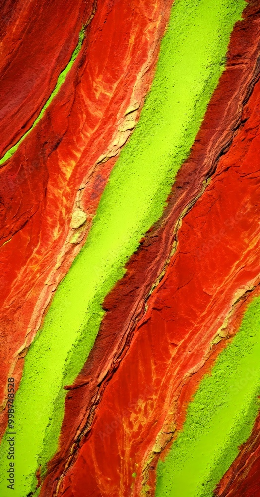 Leinwandbilder a close-up view striking rock formation with alternating bands of red and green, creating a vibrant and dynamic visual effect
