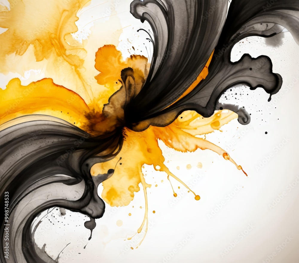 Leinwandbilder an abstract art piece with a dynamic composition of black and yellow brushstrokes, creating a sense 