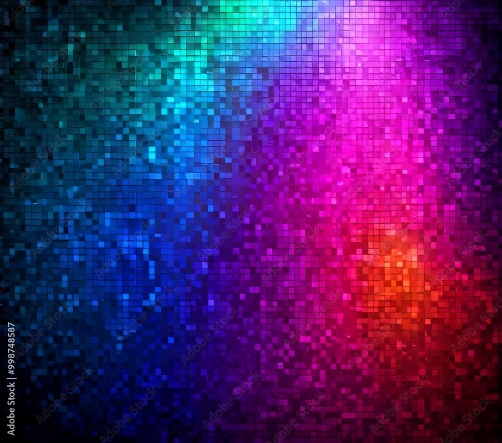 Poster a vibrant, multicolored mosaic composed of small square tiles in shades of blue, green, purple, and 