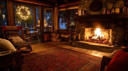 Naklejka premium Cozy Fireplace in Rustic Cabin Setting
