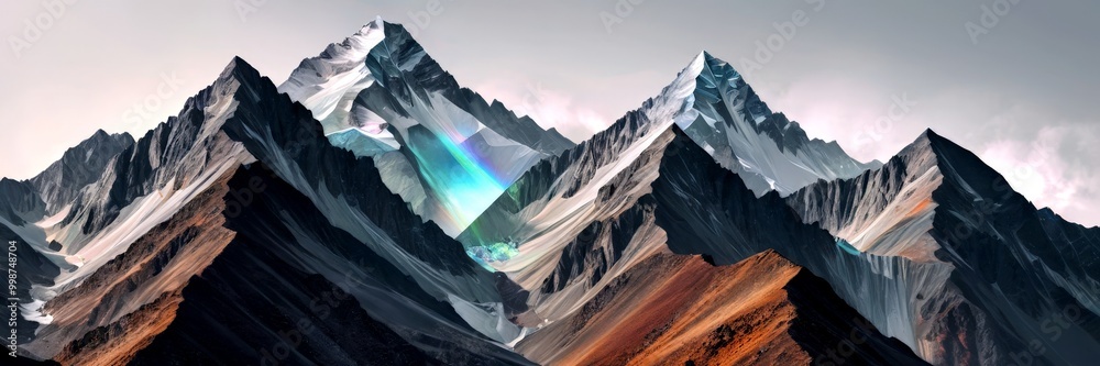 Poster a majestic mountain range with snow-capped peaks, a rainbow-like effect, and a blend of brown and gr