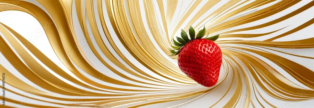 Aufkleber A vibrant red strawberry with a green stem is set against a swirling pattern of golden lines, creating a dynamic and visually striking composition