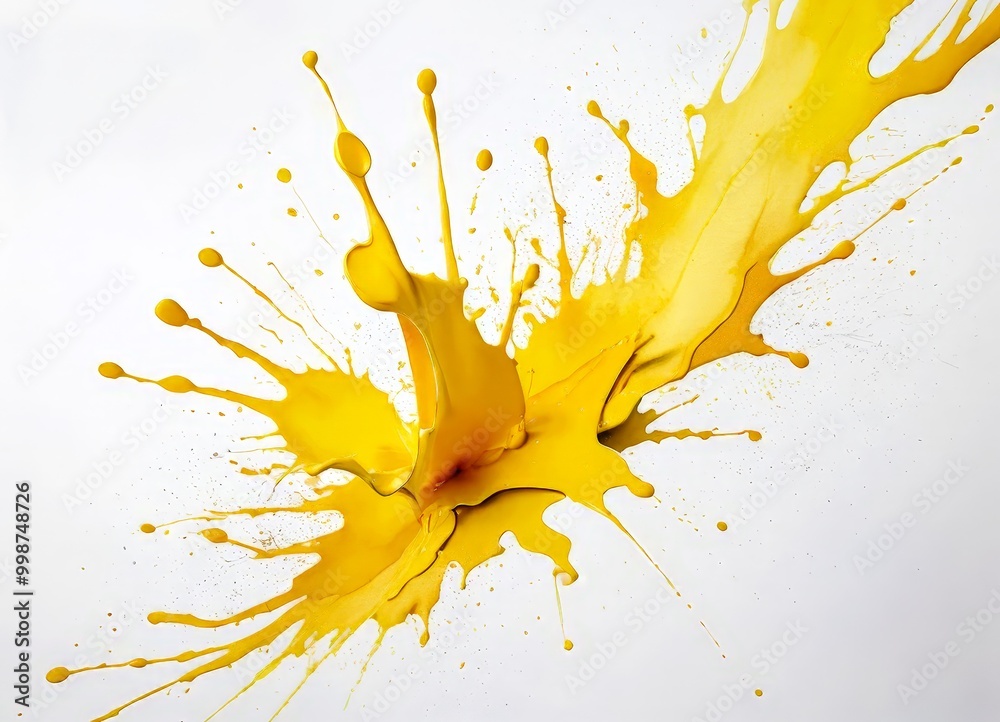 Poster a splash of yellow paint against a white background, with splatters and droplets extending outward i