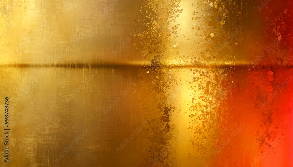 Poster a textured metallic surface with a gradient of colors, transitioning from a warm golden hue at the top to a vibrant red at the bottom The surface is adorned with small specks