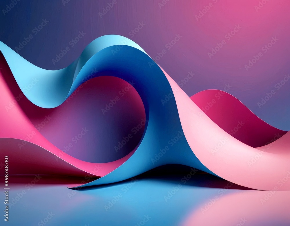Fototapete abstract 3d of curved, overlapping paper shapes in shades of blue and pink, with a gradient backgrou