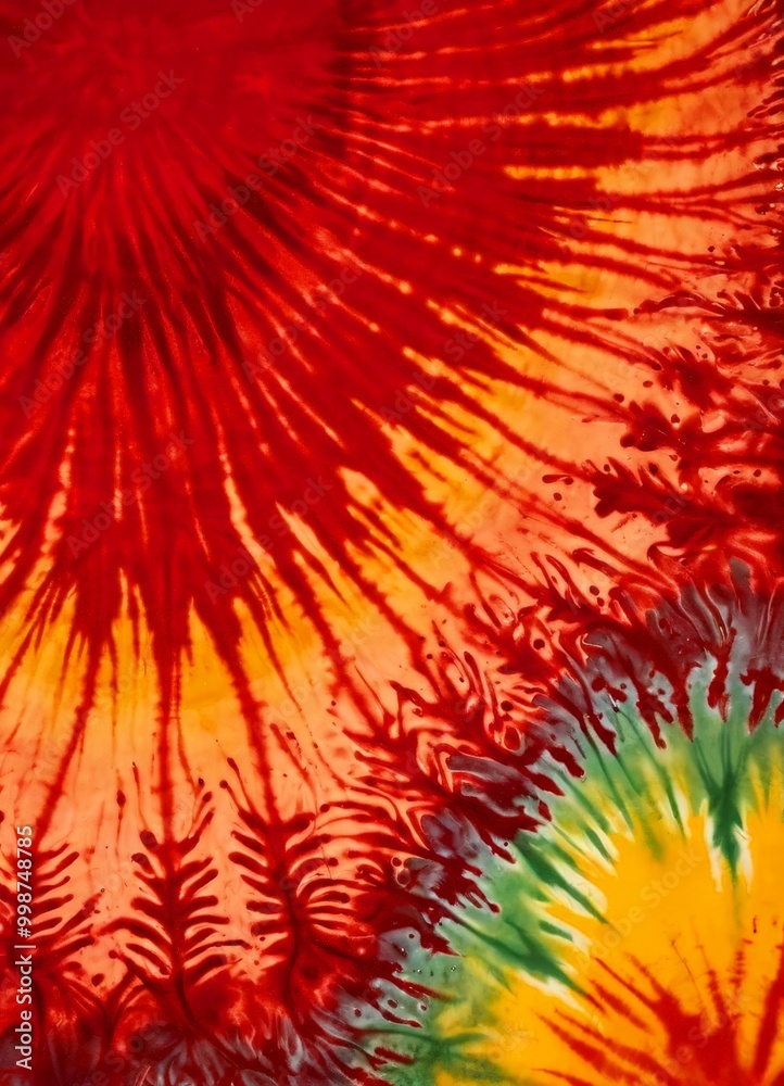 Fototapete a vibrant tie-dye pattern with a striking red and orange color scheme, featuring a central motif of radiating lines and a contrasting green and yellow section on the right side