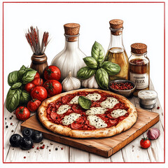 A Vibrant Illustration of Italian Cooking Ingredients for Restaurants: Pizza, Olive Oil, Tomatoes, and More