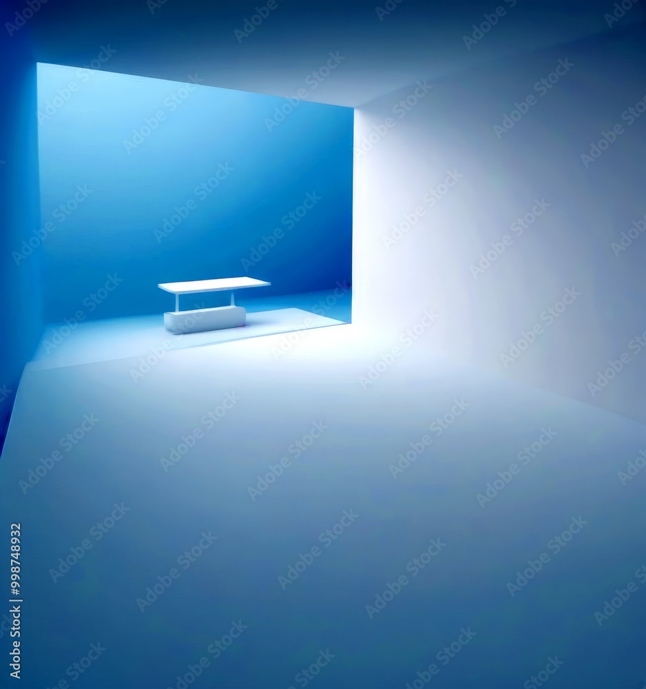 Aufkleber a minimalist white table stands alone in a room with a blue wall, creating a stark contrast and a se